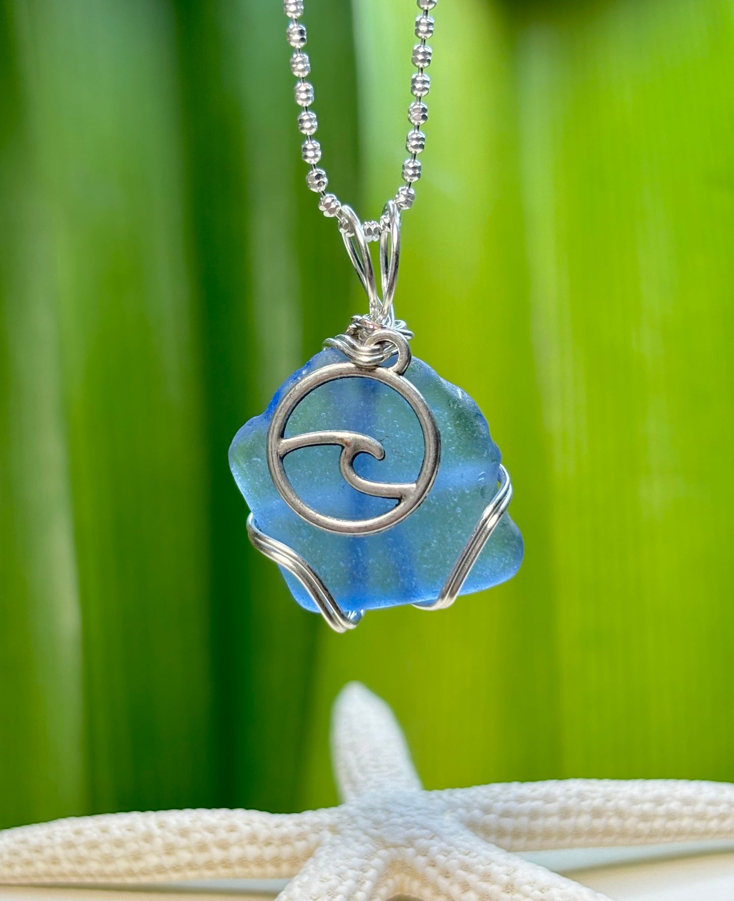 Sky Sea Glass Pendant with Ocean Wave Charm