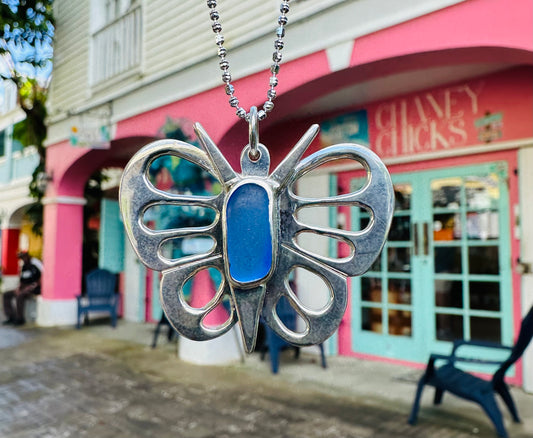 Sterling Silver Butterfly Sea Glass Pendant