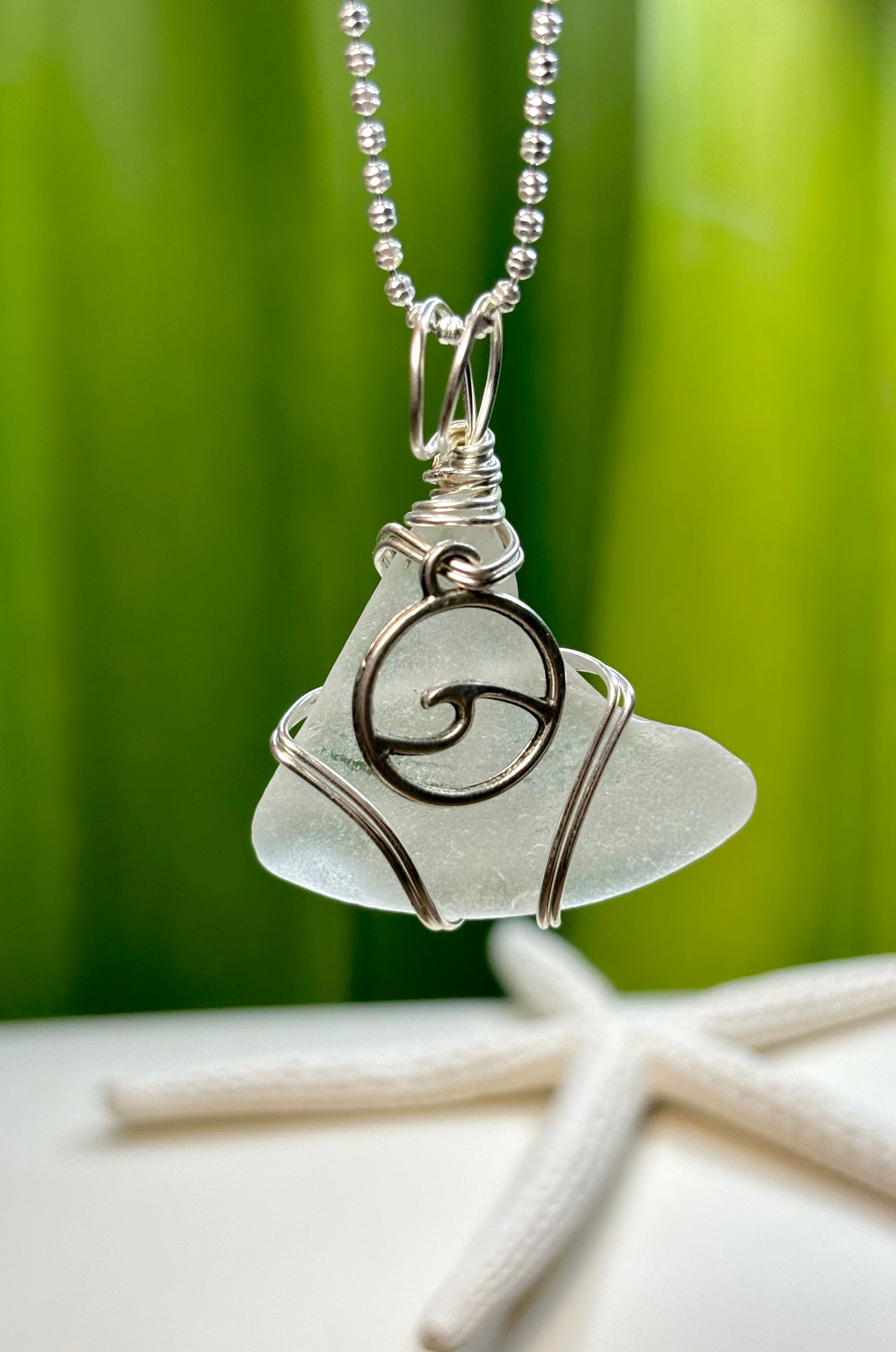 White Sea Glass Pendant with Ocean Wave Charm