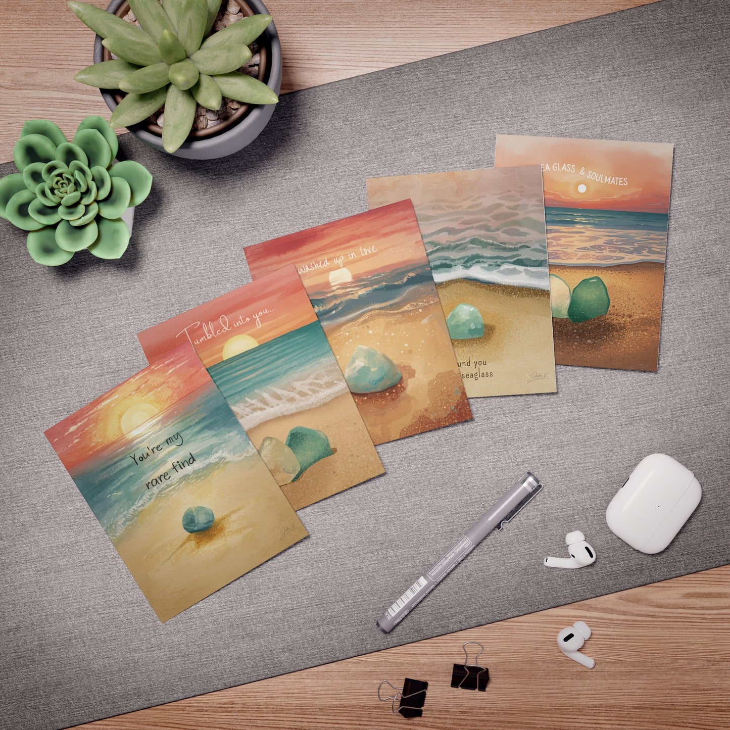 Sea Glass Valentines Day Cards — 5-Pack Assorted