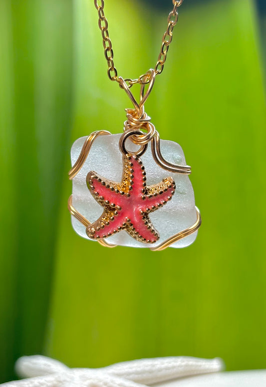 Dusk Sea Glass Pendant with Pink Starfish Charm