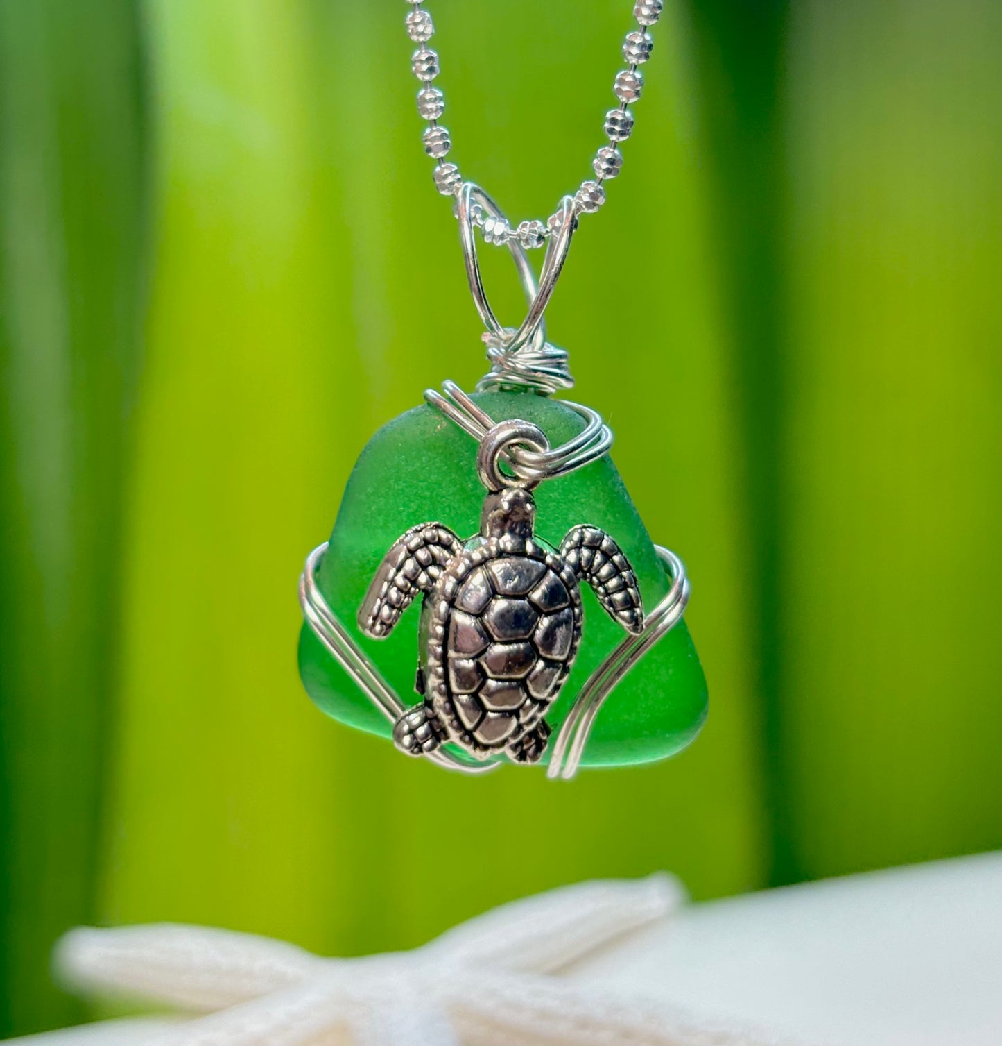 Kelly Green Sea Glass Pendant with Turtle Charm