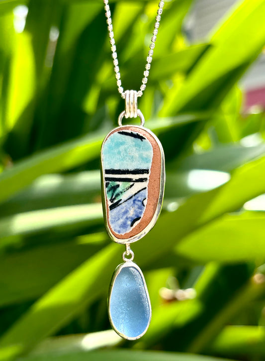 Pottery Chaney & Rare Sky Blue Glass Pendant